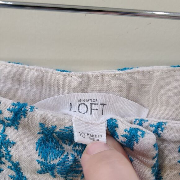 Loft Womens The Riviera Short Size 10 Woven Embroidered Floral Blue Tan Linen - Picture 3 of 10